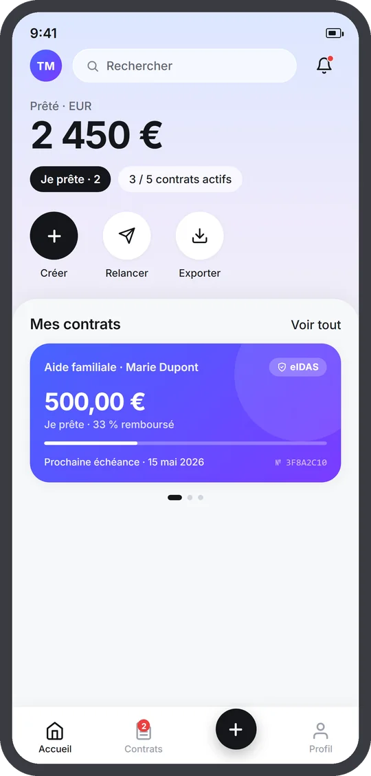 PactApp, accueil : montant prêté, contrats actifs et raccourcis
